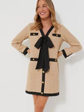 Tuckernuck Pomander Place Coco Tweed Beige Bouclé Dress Gold Buttons Sz L